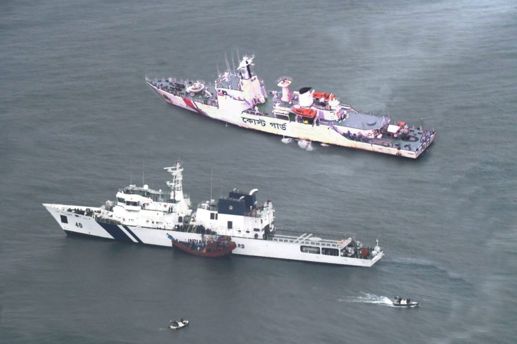 Indian Coast Guard Ship Varad formally handed over all 32 rescued Bangladeshi fishermen safely to Bangladesh Coast Guard Ship ‘Tajuddin (PL-72)’ at Indo- Bangla International Maritime Boundary Line.