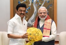 MK Stalin CM Tamilnadu meets PM Modi with Yellow Roses