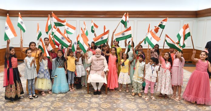PM celebrates ‘Har Ghar Tiranga’ Abhiyan at his residence, in New Delhi on August 11, 2022. PM celebrates ‘Har Ghar Tiranga’ Abhiyan at his residence, in New Delhi on August 11, 2022.