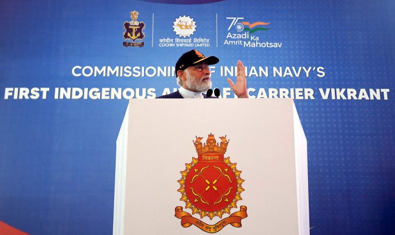 PM addressing during the commissions of the first indigenous aircraft carrier as INS Vikrant, in Kochi, Kerela on September 02, 2022.