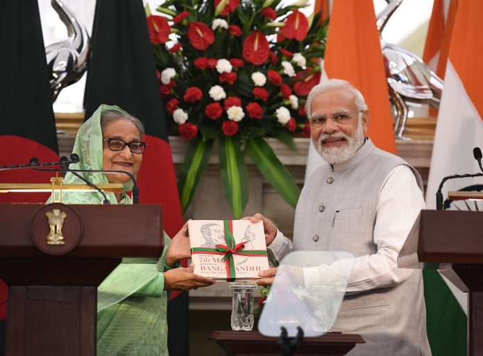 PM and the Prime Minister of Bangladesh, Ms. Sheikh Hasina at the Exchange of MOUs / Press Statement, at Hyderabad House, in New Delhi on September 06, 2022.