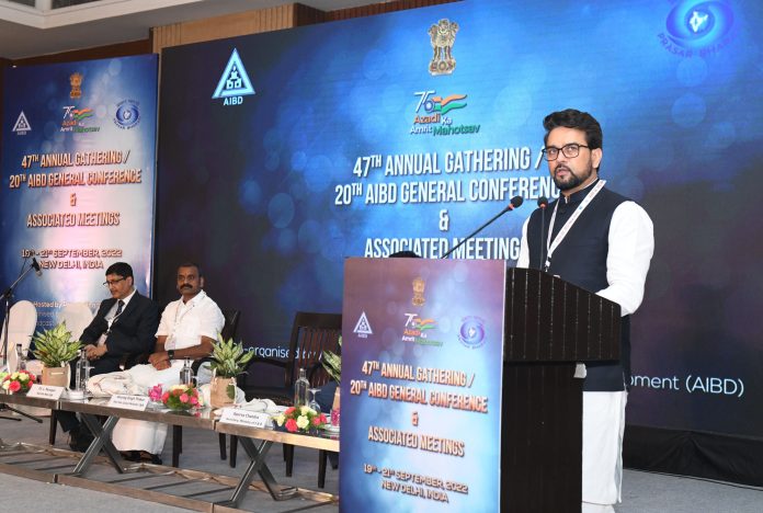 The Union Minister for Information & Broadcasting, Youth Affairs and Sports, Shri Anurag Singh Thakur addressing at the 47th Annual Gathering/ 20th AIBD General Conference & Associated Meetings Apprication Awards 2022, in New Delhi on September 20, 2022.