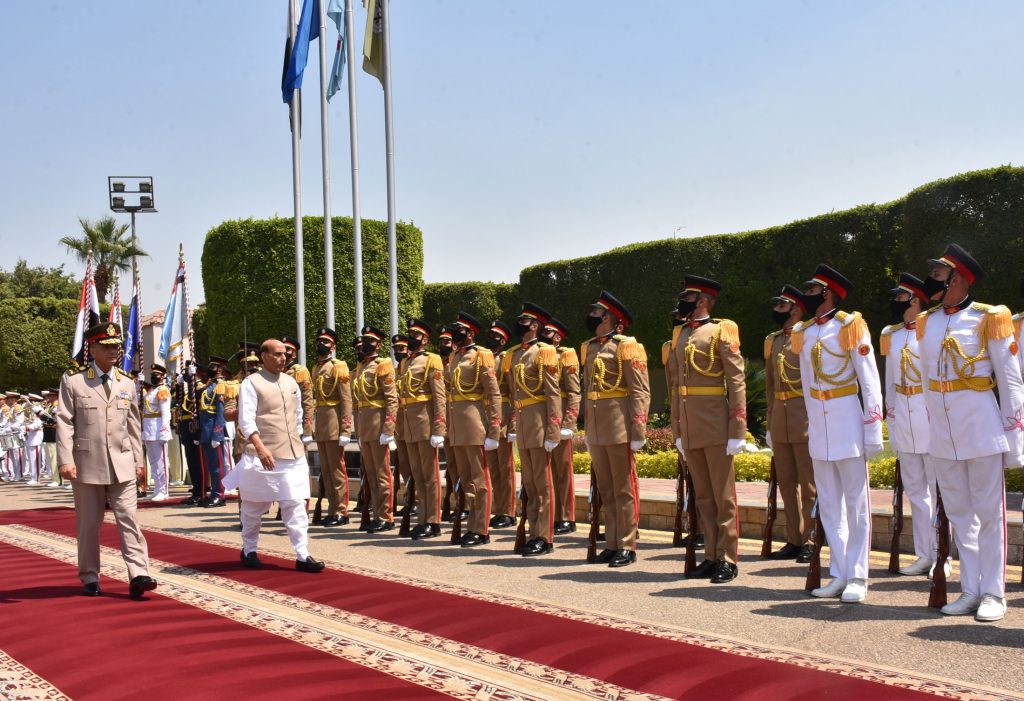 The Union Minister for Defence, Shri Rajnath Singh inspecting the ceremonial Guard of Honour ahead of bilateral talks with Egyptian Defence Minister General Mohamed Zaki, at the Ministry of Defence, in Cairo, Egypt on September 20, 2022.