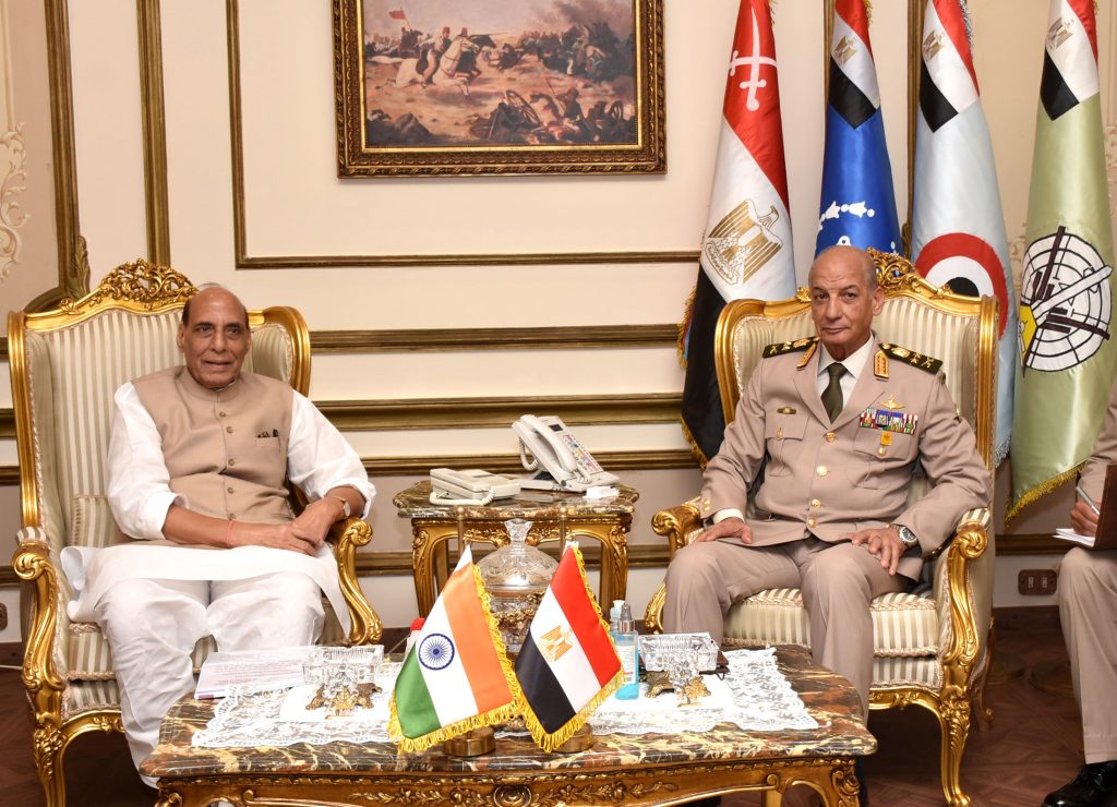 The Union Minister for Defence, Shri Rajnath Singh at the bilateral talks with the Defence Minister of Egypt, General Mohamed Zaki, in Cairo, Egypt on September 19, 2022.