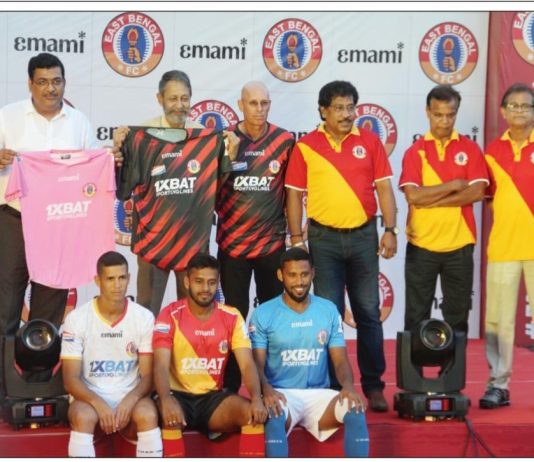 Cleiton Silva, Stephen Constantine, Souvik Chakrabarti, Prasanta Banerjee, Monoronjon Bhattacharya, Bikash Panji and V P Suhair at the launch of Emami East Bengal FC team jersey for ISL Season 9.