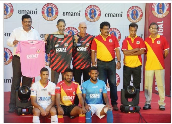 Cleiton Silva, Stephen Constantine, Souvik Chakrabarti, Prasanta Banerjee, Monoronjon Bhattacharya, Bikash Panji and V P Suhair at the launch of Emami East Bengal FC team jersey for ISL Season 9.