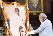 PM paying tributes to Mahatma Gandhi on his 153rd birth anniversary, at Parliament House, in New Delhi on October 02, 2022.