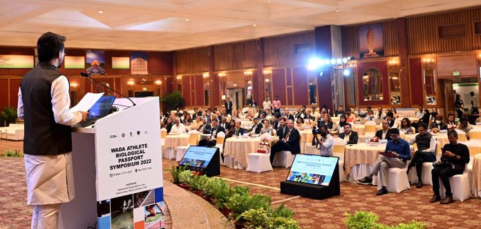 The Union Minister for Information & Broadcasting, Youth Affairs and Sports, Shri Anurag Singh Thakur addressing the opening session of the WADA Athlete Biological Passport (ABP) Symposium- 2022, in New Delhi on October 12, 2022.