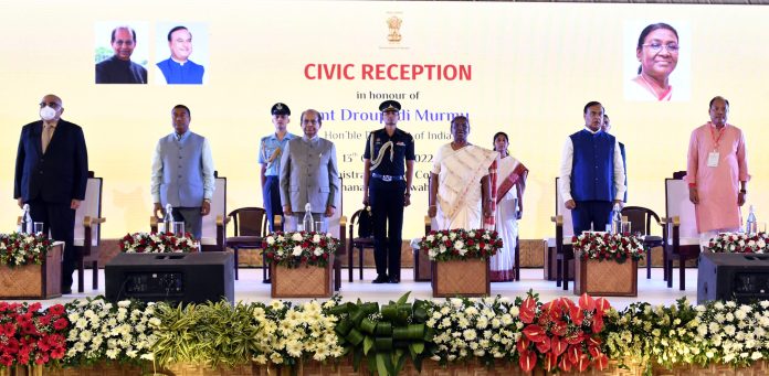 The President, Smt. Droupadi Murmu attends a civic reception hosted by the Government of Assam in her honour at Assam Administrative Staff College, in Guwahati on October 13, 2022.