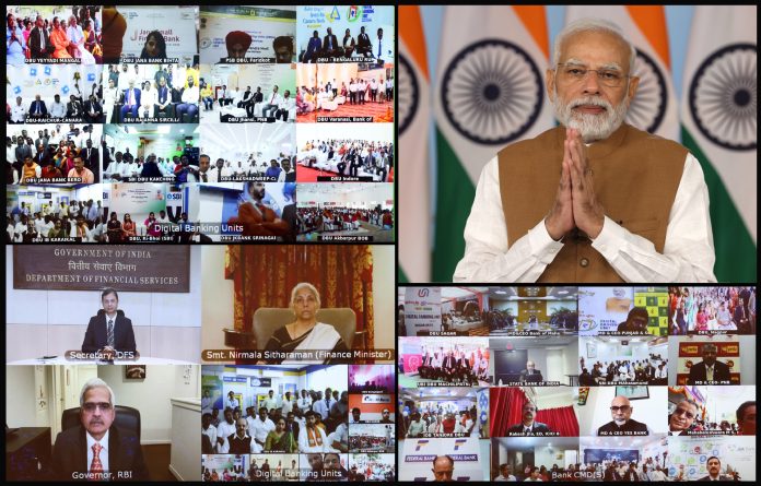 PM addressing the gathering at the dedication of the 75 Digital Banking Units across 75 districts to the Nation, via video conferencing, in New Delhi on October 16, 2022.