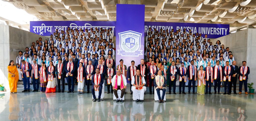 The Union Minister for Defence, Shri Rajnath Singh with the students of Rashtriya Raksha University during their convocation ceremony, in Gandhinagar, Gujarat on October 17, 2022.