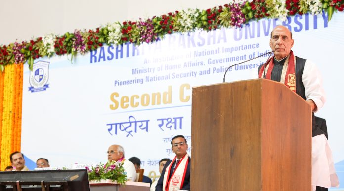 The Union Minister for Defence, Shri Rajnath Singh addressing the convocation ceremony of Rashtriya Raksha University in Gandhinagar, Gujarat on October 17, 2022.