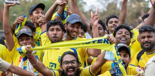 Kerala Blasters FC fans before the Final match of season 8 of HERO INDIAN SUPER LEAGUE played between Hyderabad FC and Kerala Blasters FC at the Fatorda stadium in Goa, India, on 20th March 2022. Photo: Faheem Hussain/Focus Sports/ ISL