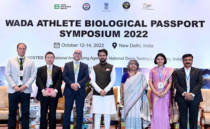The Union Minister for Information & Broadcasting, Youth Affairs and Sports, Shri Anurag Singh Thakur at the opening session of the WADA Athlete Biological Passport (ABP) Symposium- 2022, in New Delhi on October 12, 2022.