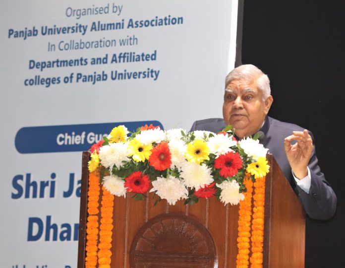 The Vice President, Shri Jagdeep Dhankhar addressing the gathering at 3rd Global Alumni Meet, in Panjab University, Chandigarh on November 04, 2022.