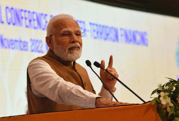 PM delivering the inaugural address at the third No Money for Terror (NMFT) Ministerial Conference on Counter-Terrorism Financing, in New Delhi on November 18, 2022.