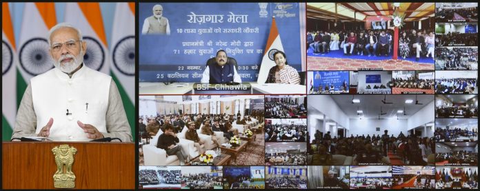 PM addressing the programme of distribution of about 71,000 appointment letters to newly inducted recruits under ‘Rozgar Mela’, via video conferencing, from New Delhi on November 22, 2022.