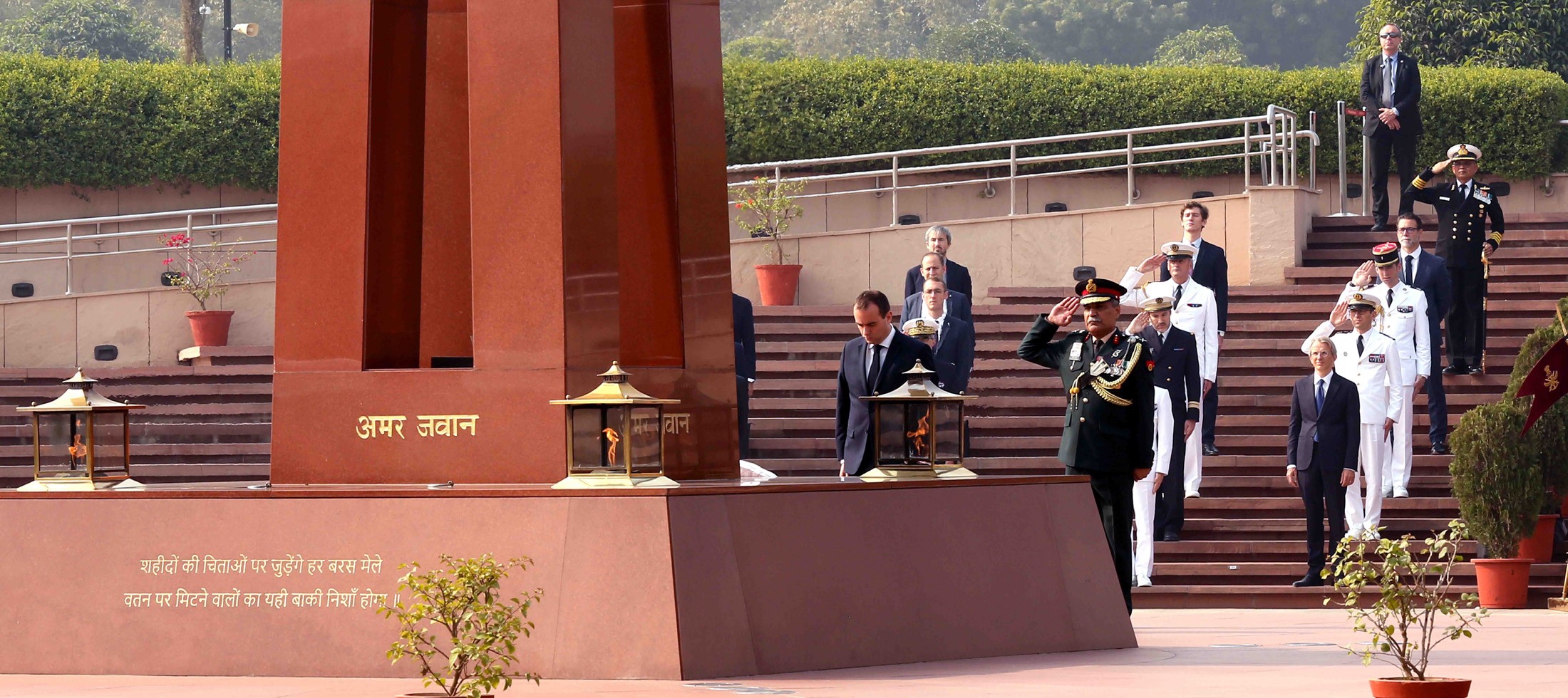 The Minister of Armed Forces of the French Republic, Mr. Sebastien Lecornu paying homage to the fallen heroes at National War Memorial, in New Delhi on November 28, 2022.