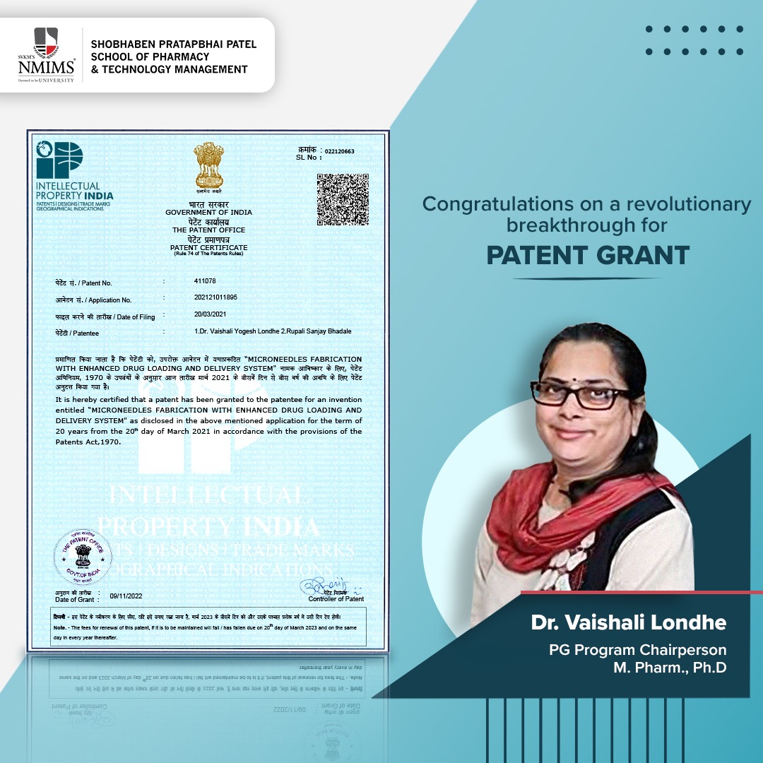 Dr. Vaishali Londhe of NMIMS SPPSPTM wins patent for breakthrough invention