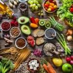 Vegan food backgrounds: large group of fruits, vegetables, cereals and spices shot from above