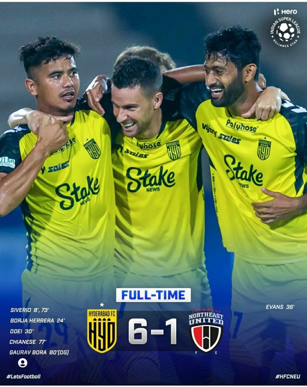 Hyderabad FC gain goal difference boost in league title race with a 6-1 win against NorthEast United FC