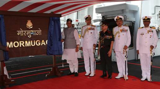 Indigenous stealth guided-missile destroyer INS Mormugao, second warship of P15B class, commissioned by Raksha Mantri in Mumbai