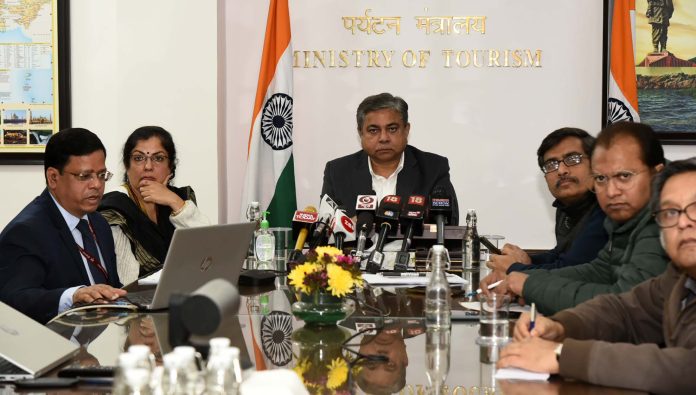 The Secretary, Ministry of Tourism, Mr. Arvind Singh briefing the media on first G-20 Tourism Working Group meeting, in New Delhi on February 3, 2023.