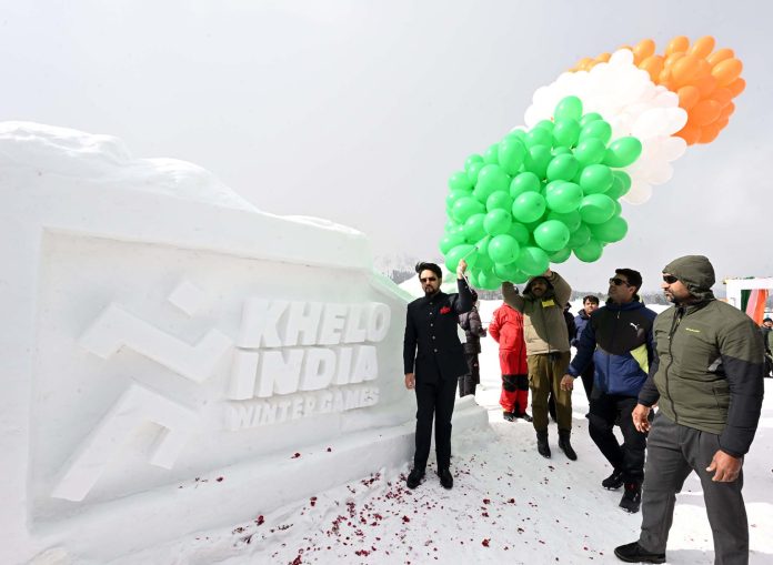The Union Minister for Information & Broadcasting, Youth Affairs and Sports, Shri Anurag Singh Thakur participating in the opening ceremony of 3rd edition of Khelo India National Winter Games, in Jammu and Kashmir on February 9, 2023.