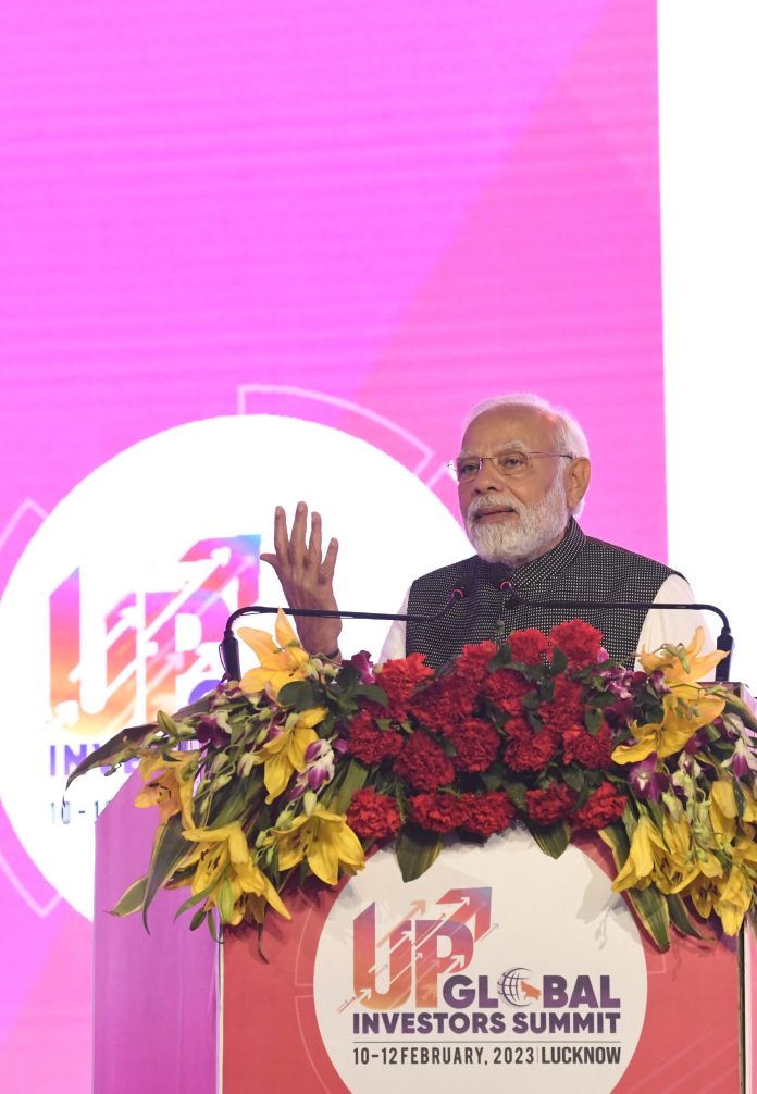 PM addressing at the inauguration of Uttar Pradesh Global Investors Summit 2023, in Lucknow on February 10, 2023.
