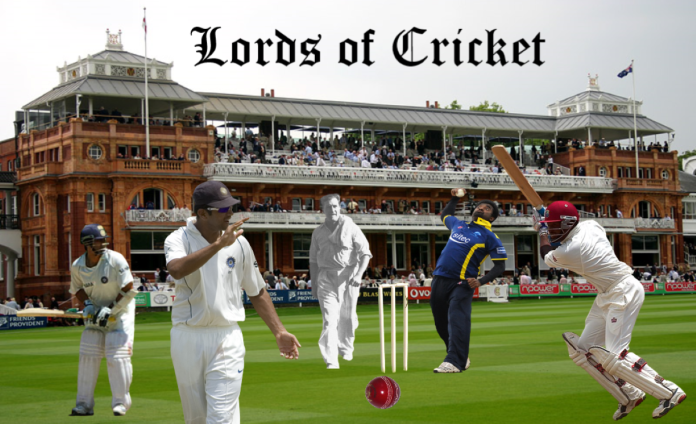 Lords of Cricket: L to R - Sachin Tendulkar (India), Rahul Dravid (India),Jim Laker (England),Muttiah Muralitharan (Sri Lanka) and Brian Lara (Trinidad, West Indies)