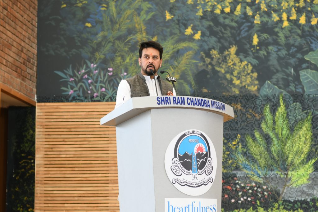 Shri Anurag Thakur - Union Minister for Information & Broadcasting and Youth Affairs & Sports, Government of India addressing the audience at the inauguration ceremony of Heartfulness International Sports Centre at Kanha Shanti Vanam - Heartfulness Headquarters in the outskirts of Hyderabad on Sunday.