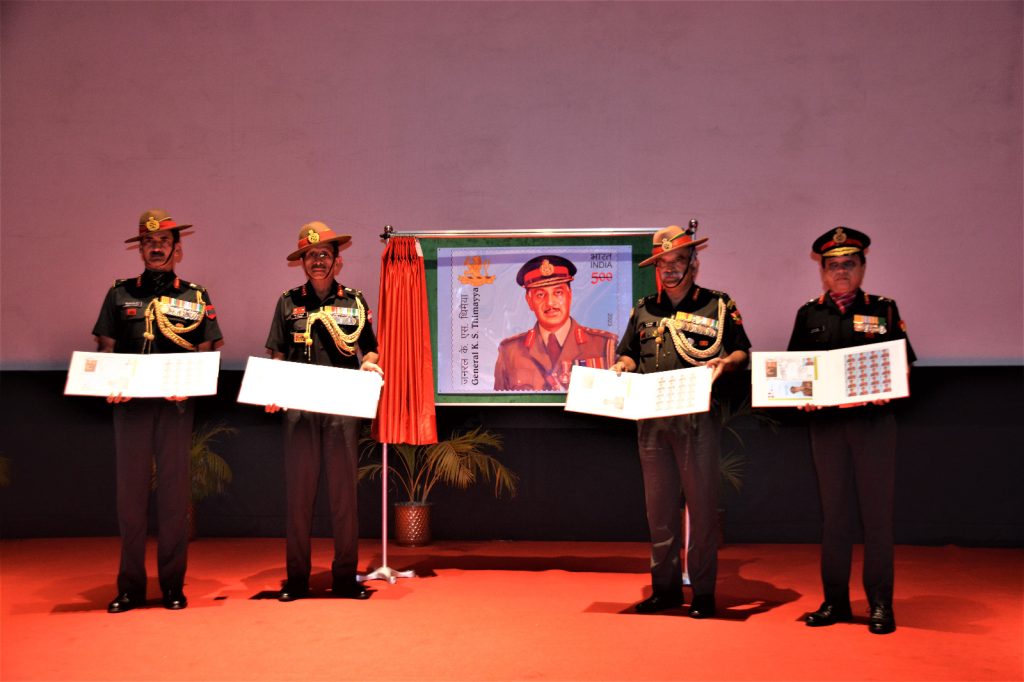Lt General RP Kalita, PVSM, UYSM, AVSM, SM, VSM, GOC-in-C Eastern Command and Col of the KUMAON & NAGA Regts and KUMAON SCOUTS unveiled the Stamp and signed the First Day Cover in the presence of prominent dignitaries, veterans, Senior serving Army officers and the present and Ex Commanding Officers of                 4 & 8 KUMAON, the Battalions where General KS Thimayya had served.