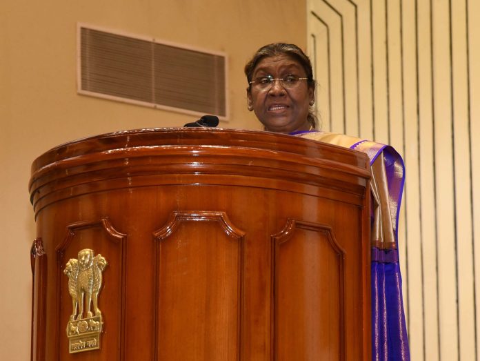 The President of India, Smt Droupadi Murmu addressing at the distribution of Swachh Sujal Shakti Samman 2023 and the launch of Jal Shakti Abhiyan: Catch The Rain -2023, in New Delhi on March 04, 2023.