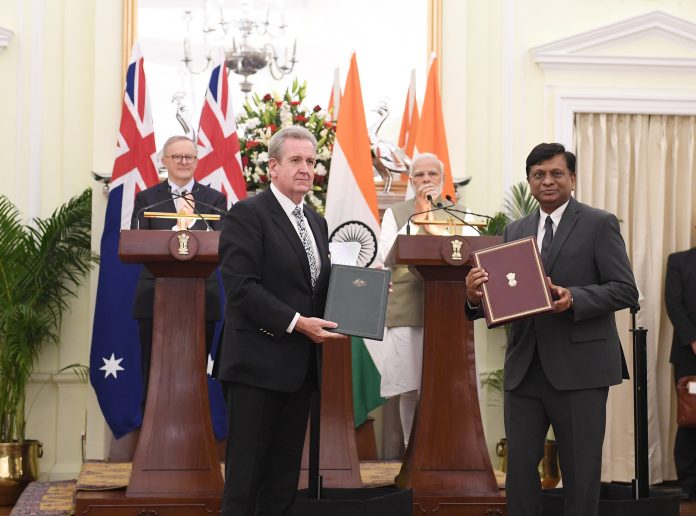PM and the Australian Prime Minister, Mr. Anthony Albanese witnessing the Exchange of Agreement between India and Australia at Hyderabad House, in New Delhi on March 10, 2023.