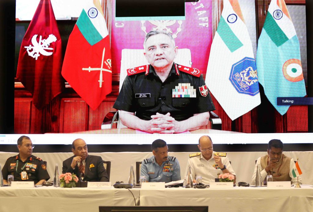 The Chief of Defence Staff, General Anil Chauhan delivering virtual message to a Workshop on Humanitarian Assistance, Disaster Relief, Risk Mitigation and Disaster Resilience organised under the aegis of Integrated Defence Staff (IDS), in New Delhi on March 14, 2023.