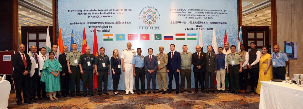 The Speakers and delegates from SCO member countries participating in a Workshop on Humanitarian Assistance, Disaster Relief, Risk Mitigation and Disaster Resilience organized under the aegis of Integrated Defence Staff (IDS), in New Delhi on March 14, 2023.
