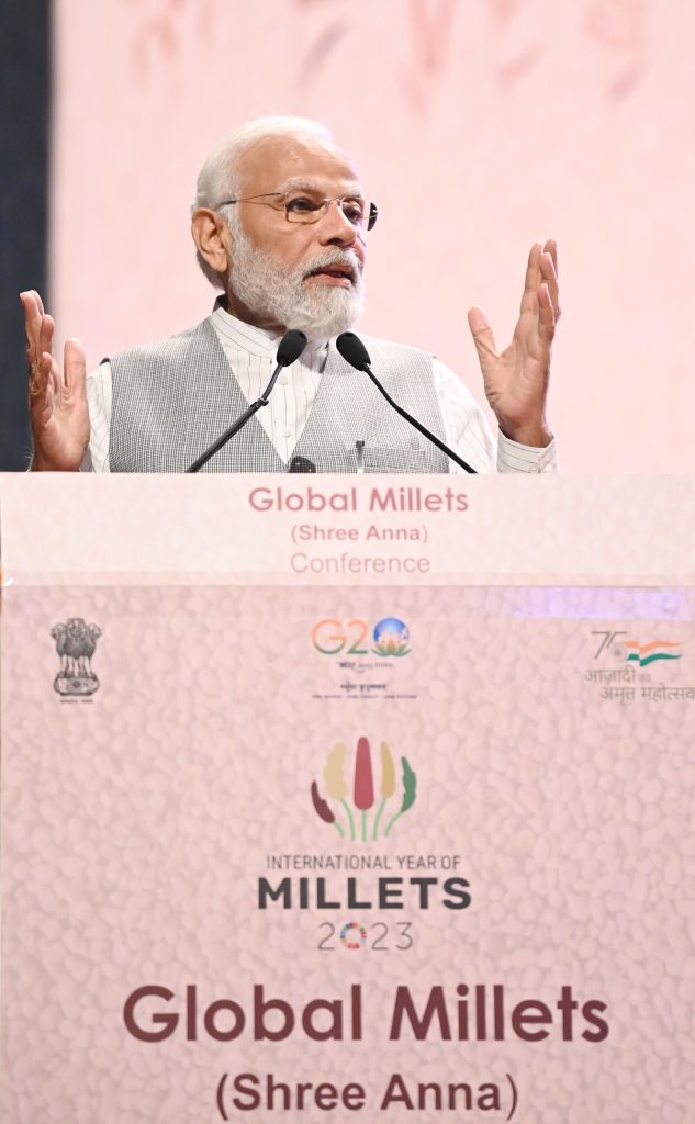 PM addressing at the Global Millets (Shree Anna) Conference on the occasion of International Millets Year 2023 at Subramaniam Hall (PUSA), in New Delhi on March 18, 2023.