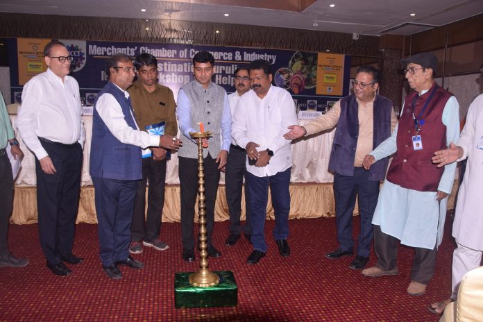 (L - R) : Lighting of Lamp by Shri Sanjib Kothari, Treasurer and Chairman, Council on MSMEs, MCCI, Shri Madhusudan Lata, President, Purulia Udyog Bikash Manch. Shri Jayanta Acharya, General Manager (I/C), District Industries Centre, Purulia, Government of West Bengal, Shri Rajesh Rathod, IAS, Additional District Magistrate, Industry & LR, Purulia, Shri Ajit Sarwagi, President, Federation of Medium & Small Industries [FOMSI], Purulia, Shri Nabendu Mahali, Hon'ble Chairman, Purulia Municipality , Shri Arun Kumar Agarwal, Chairman, MCCI Council on GST, Indirect Taxes & State Taxws, MCCI and Shri Gobinda Mukherjee, President, Purulia Chamber of Trade & Industry at the MCCI Destination Purulia : MSME Workshop and Help Desk [1st MSME Outreach Initiative in Purulia] held today at PearlTree Hotels & Resorts, Purulia