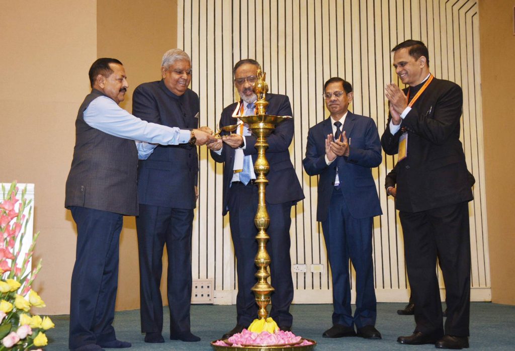The Vice President & Chairman Rajya Sabha, Shri Jagdeep Dhankha lighting the lamp at the inaugural ceremony of the 16th Civil Services Day at Vigyan Bhawan, in New Delhi on April 20, 2023.