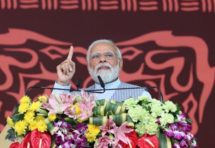 PM addressing the gathering at the National Panchayati Raj Day Celebrations at Rewa, in Madhya Pradesh on April 24, 2023.