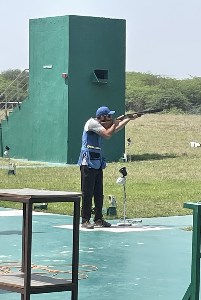 Gurjoat Singh Khangura in action at the Dr Karni Singh Shooting Range on Thursday, April 13, 2023