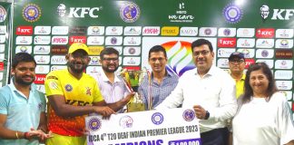 Deaf Chennai Blasters Team wins IDCA 4th Deaf Indian Premier League 2023 Left To Right- Mr. Ankit agarwal, Mr. Sai akash captain of Deaf Chennai Blusters, Mr. Satyen Sanghvi - Director of Merlin Group, Ex Indian Cricketer Mr. Devang Gandhi, Mr. Sandeep Agarwal from Emami Group, Mrs Roma Balwani- CEO of IDCA Closing ceremony (final) the IDCA 4th T20 Deaf Indian Premier League at Merlin Rise,Club Pavillion Cricket ground.