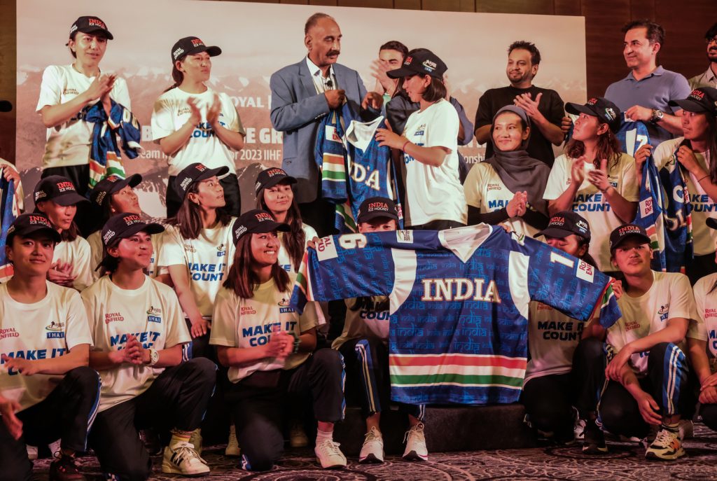 Unveiling of the jersey of the Indian Women's Ice Hockey Team by Mr Harjinder Singh Jindi, Gen. Sec. Ice Hockey Association of India.