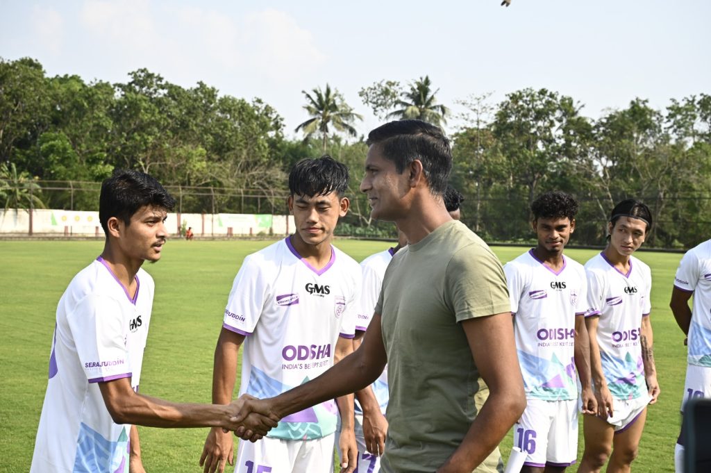 Subrata Paul greeting Odisha FC players before the RFDL game at Barackpore Stadium, Kolkata