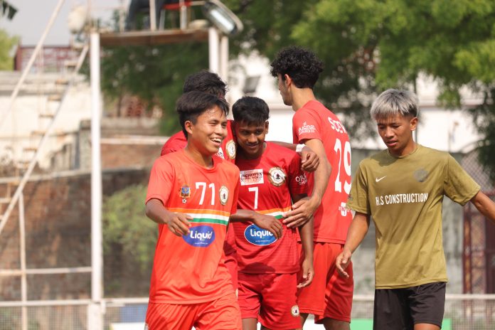 Sudeva FC players celebrating goal during the RFDL National Group Stage in Delhi on Wednesday