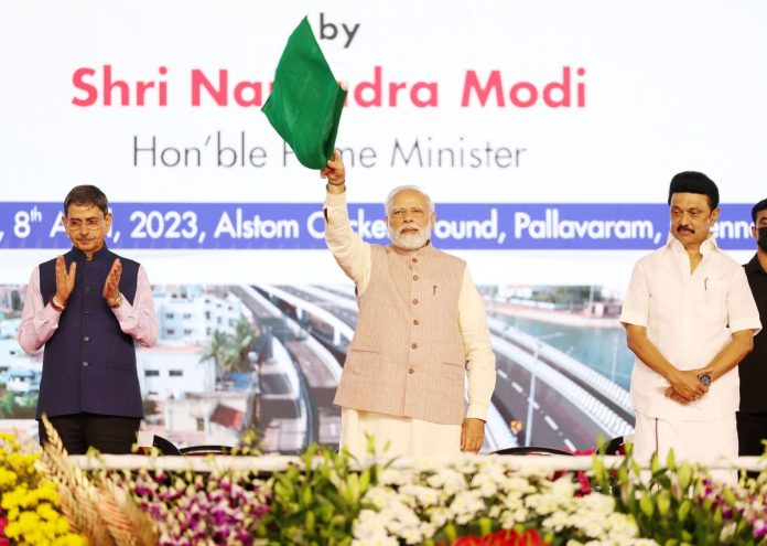 PM inaugurates and lays the foundation stone of various projects at Alstom Cricket Ground, in Chennai on April 8, 2023.