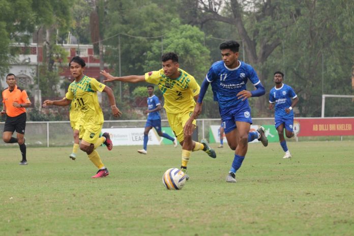 Garhwal FC and Muthoot FA players in action during the RFDL National Group Stage in Delhi on Tuesday