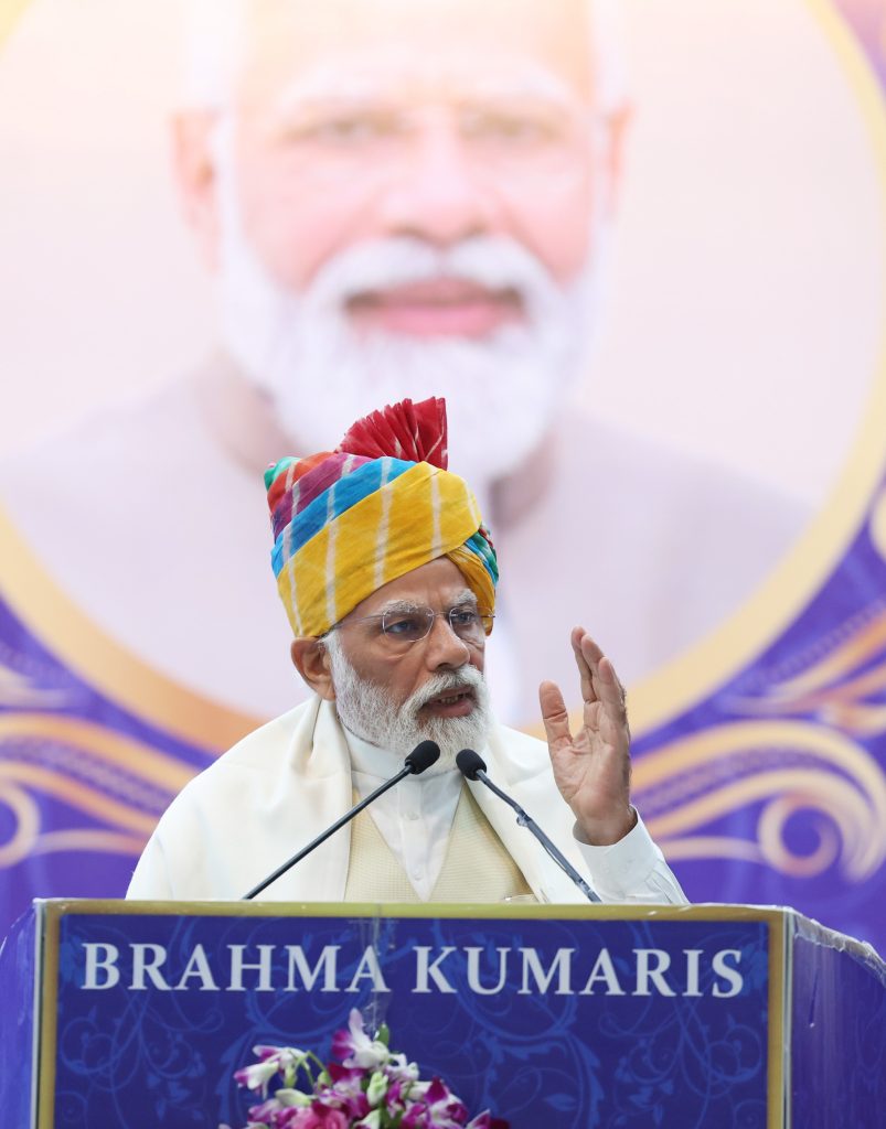 PM addressing at the foundation stone laying of Super Speciality Charitable Global Hospital at Shantivan Complex of Brahma Kumaris (Abu Road), in Rajasthan on May 10, 2023.