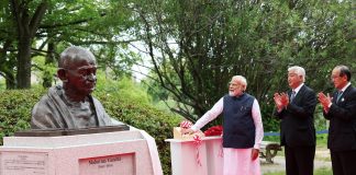 Prime Minister Unveils Mahatma Gandhi Bust in Hiroshima PM unveiling the bust of Mahatma Gandhi, in Hiroshima, Japan on May 20, 2023.