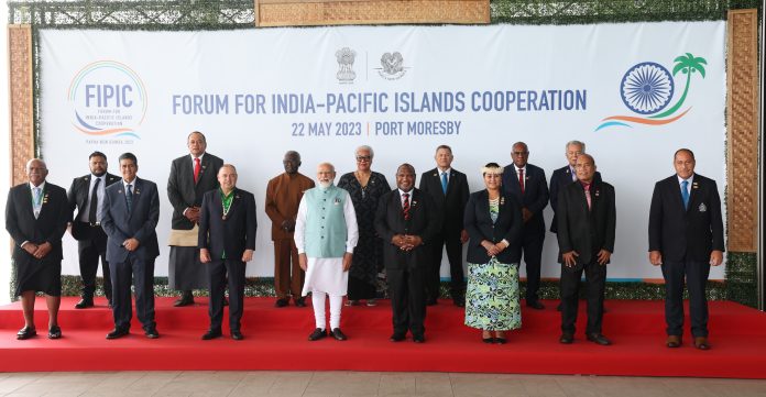 PM in the FIPIC family photo, during the 3rd FIPIC Summit, at Port Moresby, in Papua New Guinea on May 22, 2023.